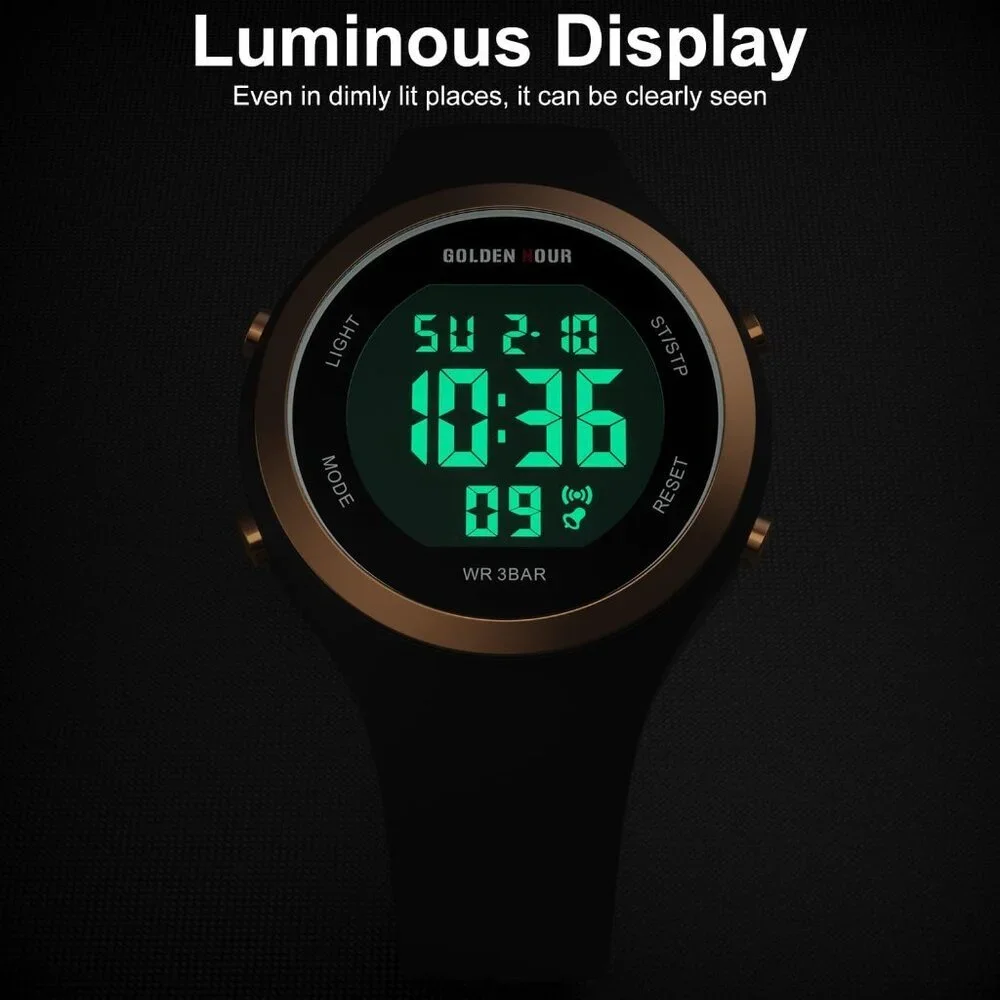 Unisex Black Silicone Digital Sports Gold Bezel Water-Resistant Alarm Stopwatch